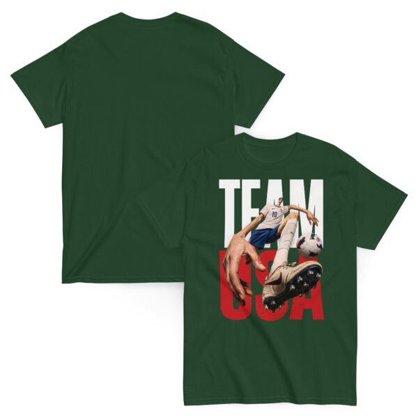 unisex-classic-tee-forest-green-front-and-back-6a802bf55bf46.jpg USA Pride Soccer Graphic Tee
