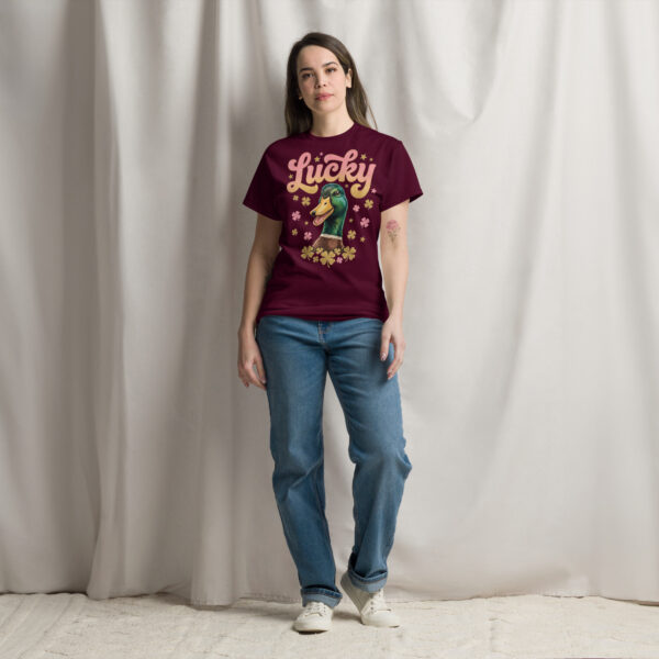 unisex-classic-tee-maroon-front-6a8034b51ba45.jpg Lucky Duck Graphic Tee
