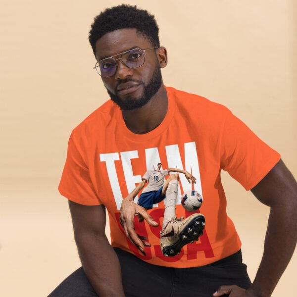unisex-classic-tee-orange-front-2-6a802bf55b5e3.jpg USA Pride Soccer Graphic Tee