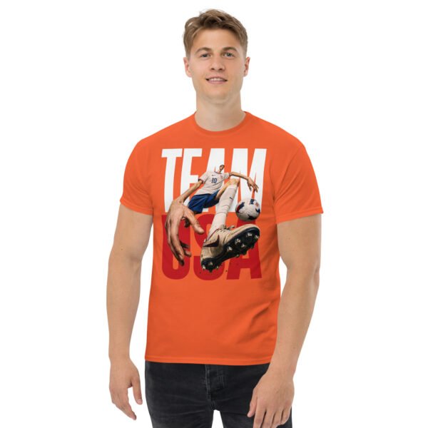 unisex-classic-tee-orange-front-6a802bf55b13f.jpg USA Pride Soccer Graphic Tee
