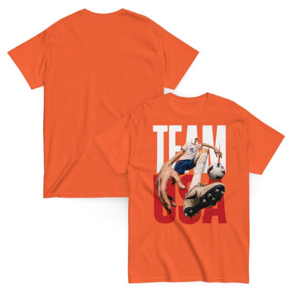 unisex-classic-tee-orange-front-and-back-6a802bf55bf7e.jpg USA Pride Soccer Graphic Tee