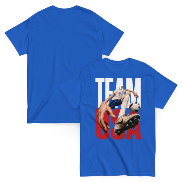 unisex-classic-tee-royal-front-and-back-6a802bf55bfb5.jpg USA Pride Soccer Graphic Tee