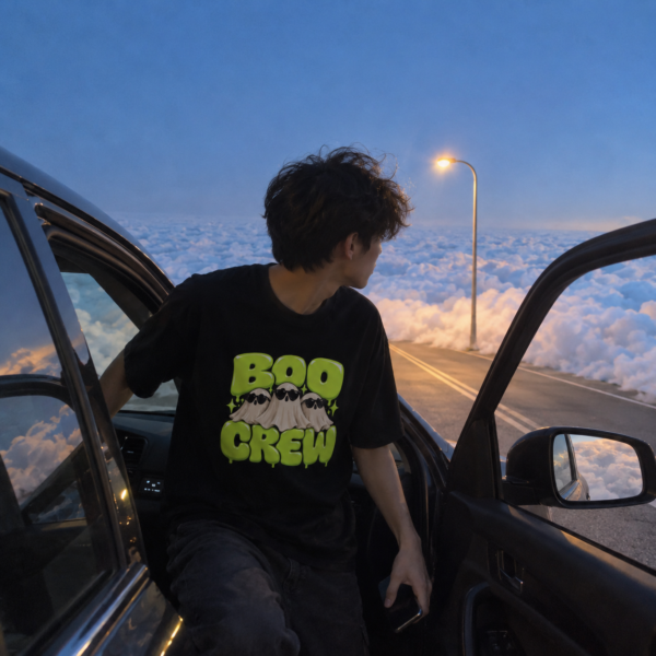 Black t-shirt with lime green 3D bubble letters reading BOO CREW and three cool ghosts wearing black sunglasses.