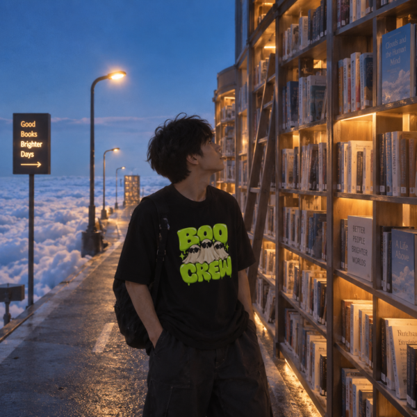 Black t-shirt with lime green 3D bubble letters reading BOO CREW and three cool ghosts wearing black sunglasses.