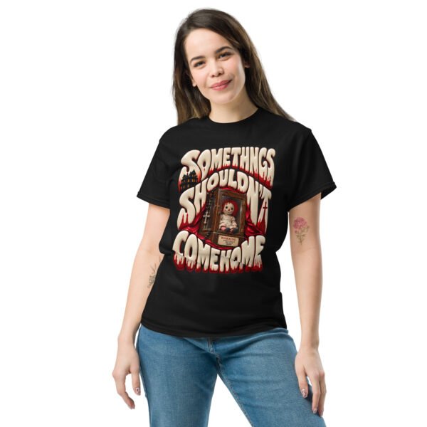 unisex-classic-tee-black-front-6aaa6a67b66cc.jpg Doll Horror Graphic Tee