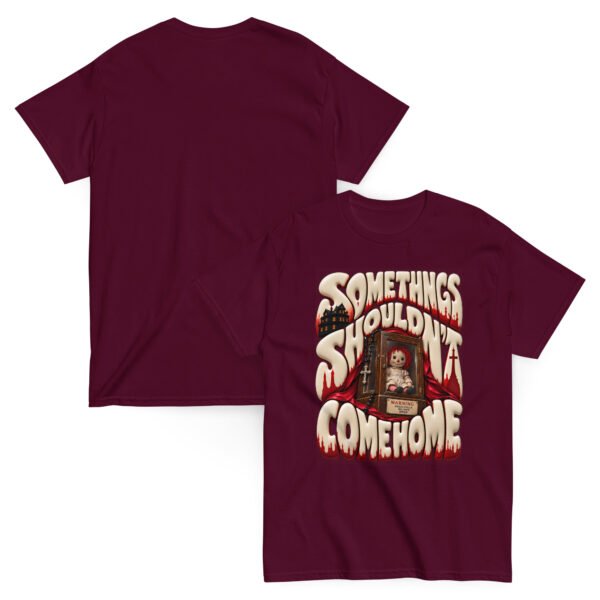 unisex-classic-tee-maroon-front-and-back-6aaa6a67b73cc.jpg Doll Horror Graphic Tee